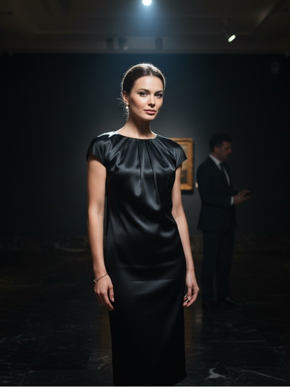 No Comment Black Satin Pleated Neck Belted Midi Shift Dress Size 12